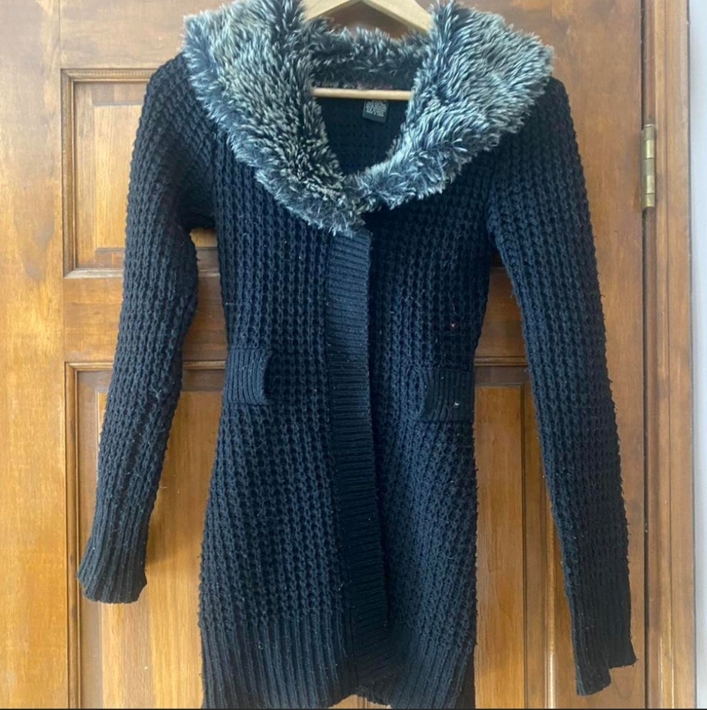 Say What? Black Cardigan with Faux Fur Collar